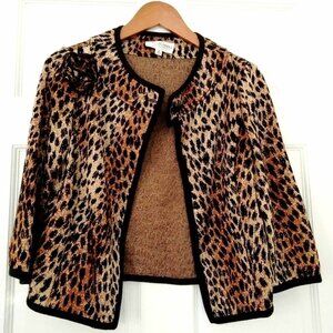 ST. JOHN Leopard ZipUp Wool Blend Knit Cropped Cardigan w/Pin Sz 6 Blk Brwn Gold